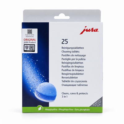 Jura 3-Phase Cleaning Tablets 25 pack, front of the pack
