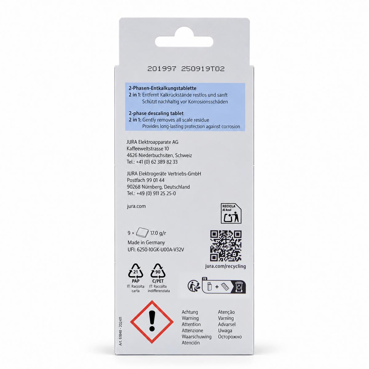 Jura Descaling Tablets 9 Pack, back of the pack