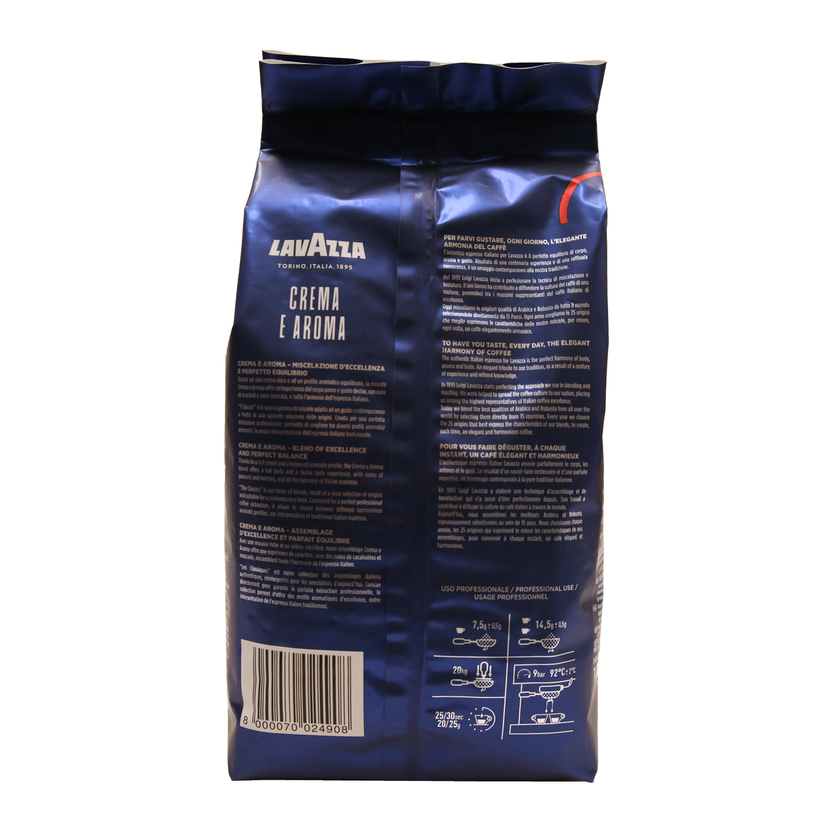 Lavazza Blue Crema e Aroma Coffee Beans 1kg, back of the pack