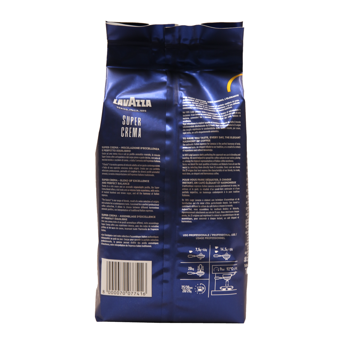 Lavazza Super Crema coffee beans 1kg, back of the pack