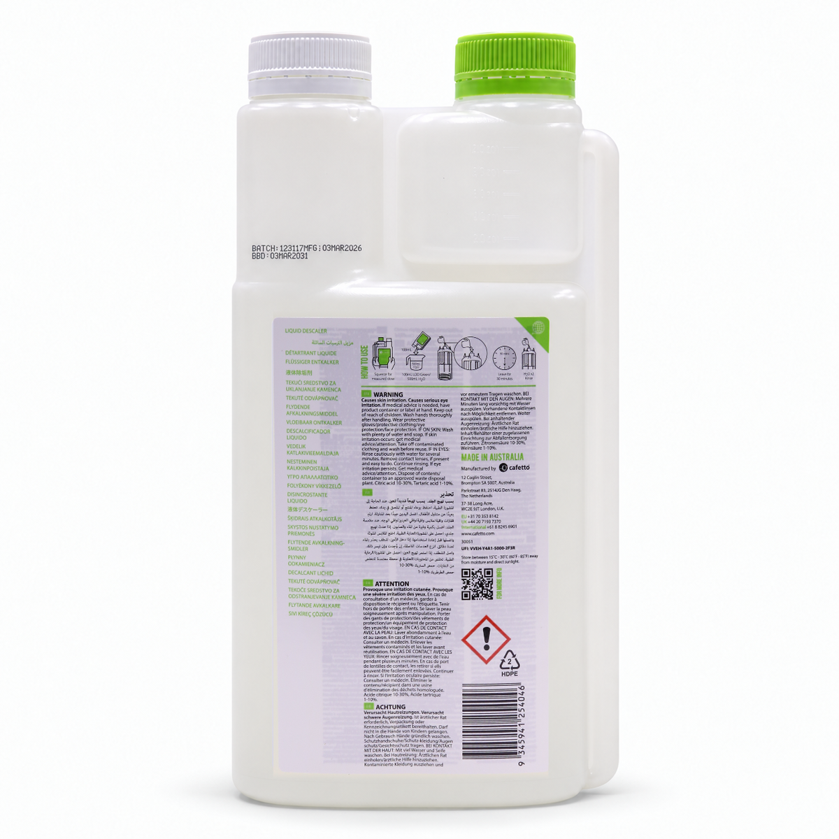Cafetto LOD Liquid Organic Descaler 1L, back of the pack