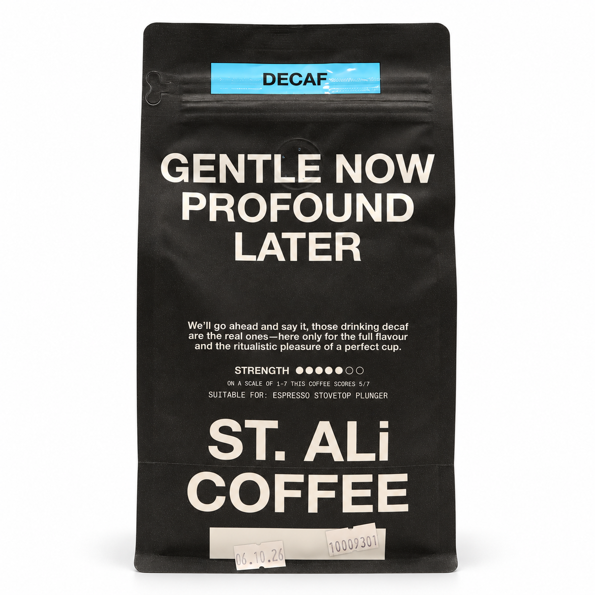 ST. ALi Calm & Gentle House Decaf Coffee Beans 500g, back of the pack