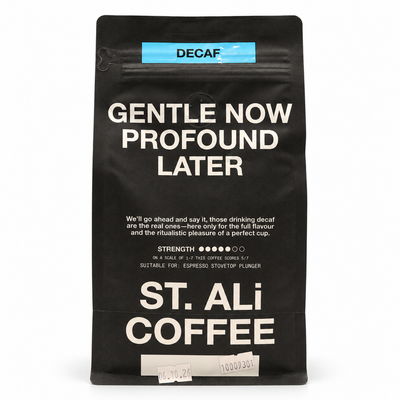 ST. ALi Calm & Gentle House Decaf Coffee Beans 500g, back of the pack