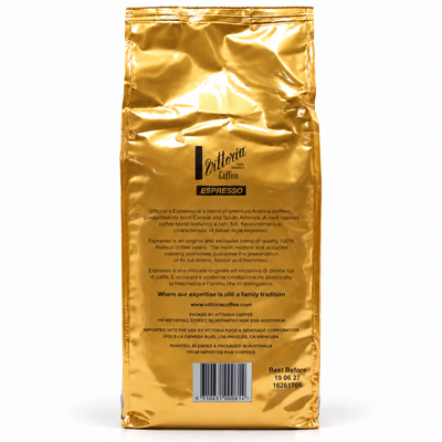 Vittoria Espresso Bar coffee beans 1kg, back of the pack