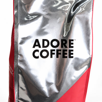 Adore Coffee The Mastro Blend Coffee Beans 1kg, close-up of the label