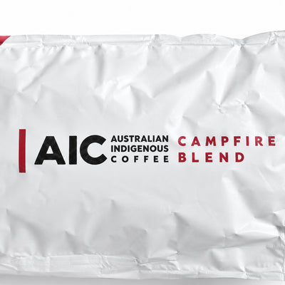 AIC Campfire Blend Coffee Beans 1kg, close-up of the label
