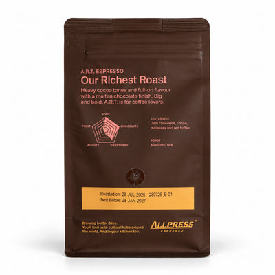 Allpress A.R.T. Espresso Blend Coffee Beans 250grams, back of the pack