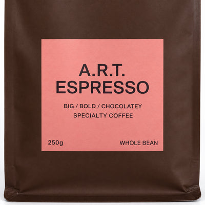 Allpress A.R.T. Espresso Blend Coffee Beans 250grams, close-up of the label