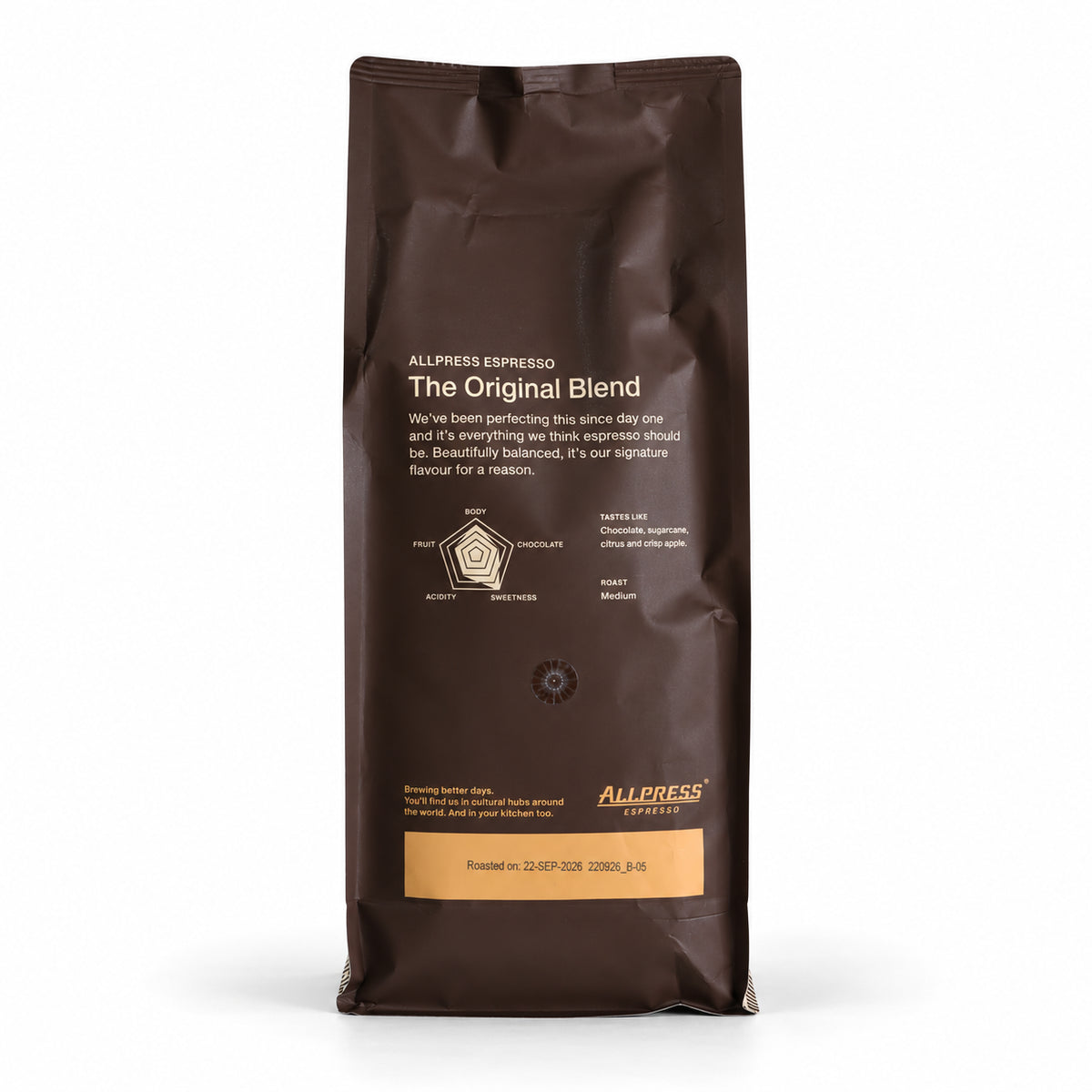 Allpress Espresso Blend Coffee Beans 1kg, back of the pack