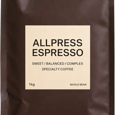 Allpress Espresso Blend Coffee Beans 1kg, close-up of the label
