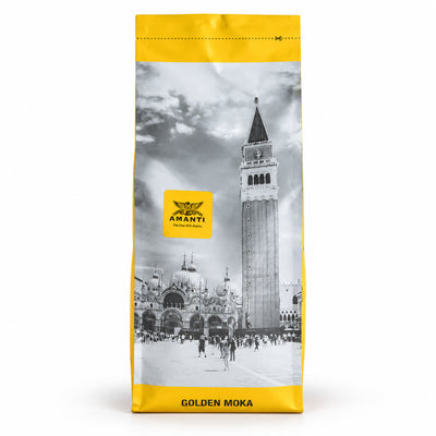 Amanti Golden Moka Coffee Beans 1kg, back of the pack