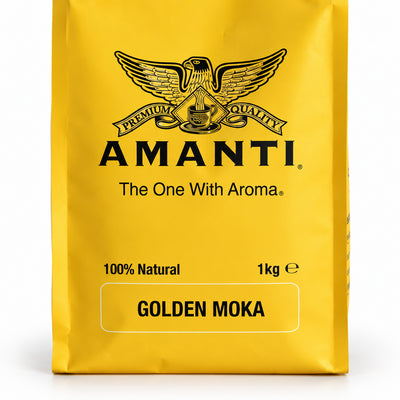 Amanti Golden Moka Coffee Beans 1kg, close-up of the label