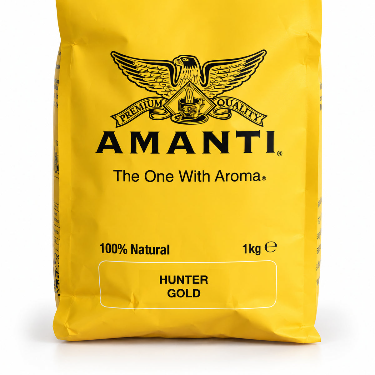 Amanti Hunter Gold Coffee Beans 1kg, close-up of the label