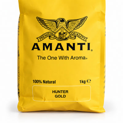 Amanti Hunter Gold Coffee Beans 1kg, close-up of the label