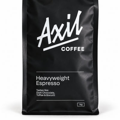 Axil Heavyweight Espresso Blend Coffee Beans 1kg, close-up of the label