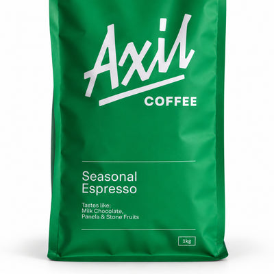 Axil Seasonal Espresso Blend Coffee Beans 1kg, close-up of the label