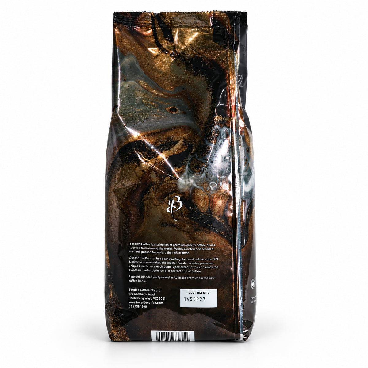 Beraldo Premium Blend Coffee Beans 1kg, back of the pack