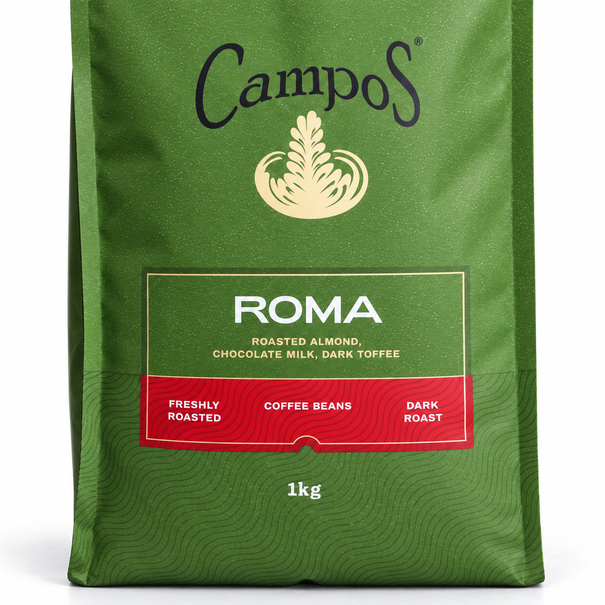 Campos Roma Espresso Blend Coffee Beans 1kg, close-up of the label