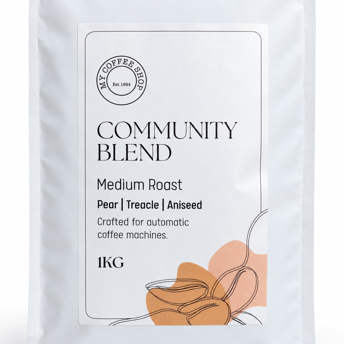 My Coffee Shop Community Blend Coffee Beans 1kg, close-up of the label