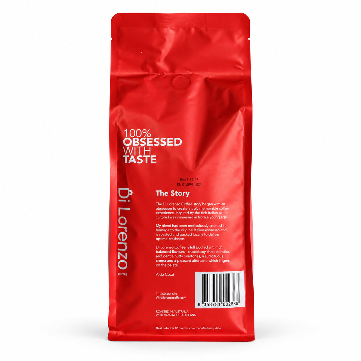 Di Lorenzo Caffe Coffee Beans 1kg, back of the pack