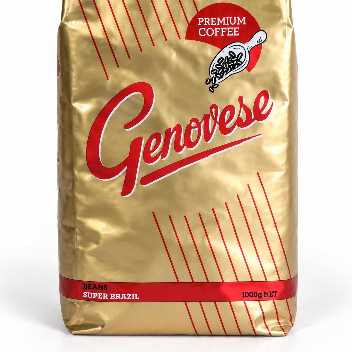 Genovese Super Brazil Coffee Beans 1kg, close-up of the label