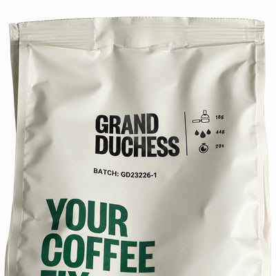 Griffiths Bros Grand Duchess Coffee Beans 1kg, close-up of the label