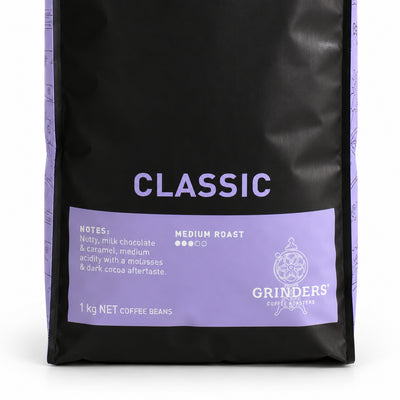 Grinders CLASSIC BLEND Coffee Beans 1kg, close-up of the label