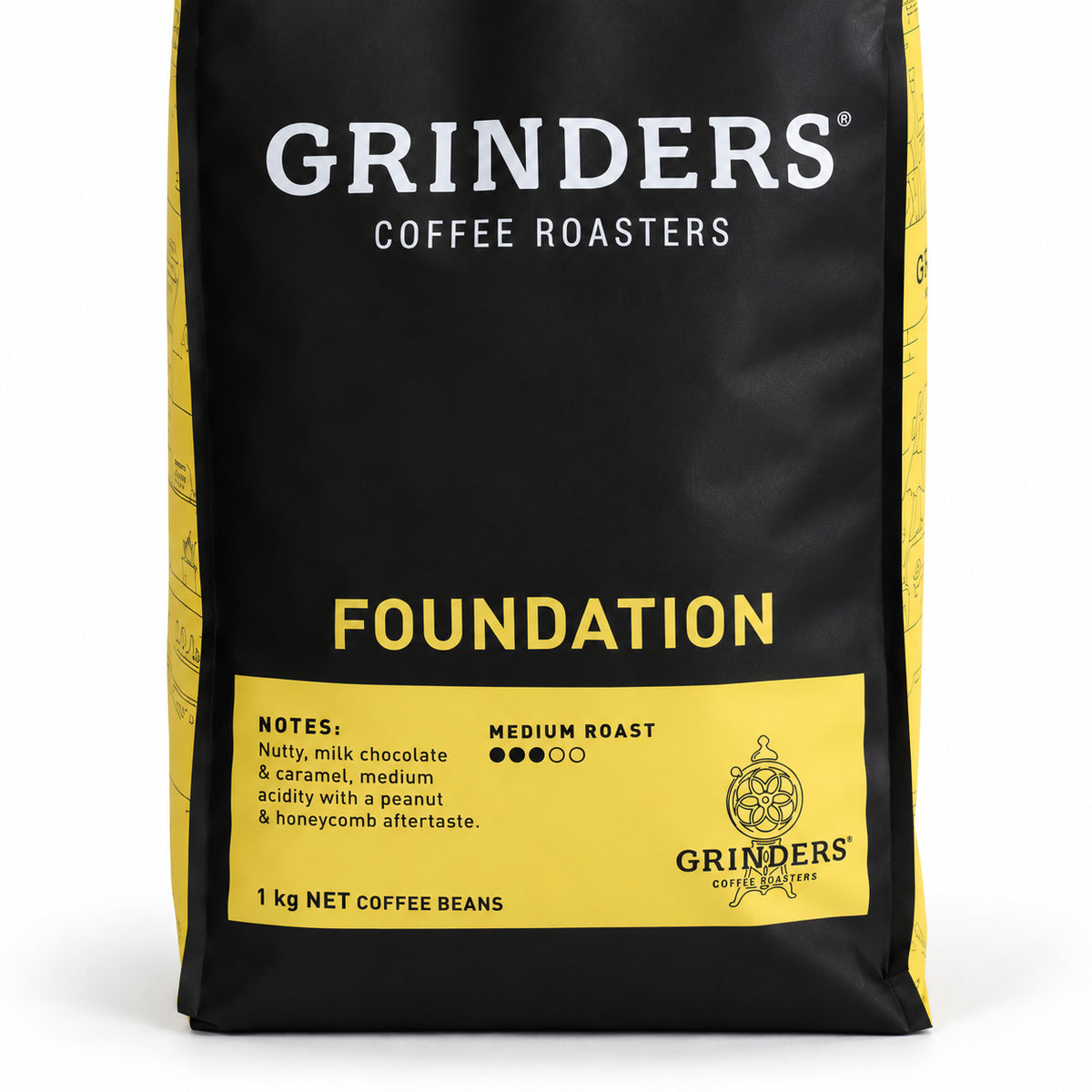 Grinders FOUNDATION BLEND Coffee Beans 1kg, close-up of the label