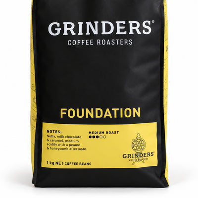 Grinders FOUNDATION BLEND Coffee Beans 1kg, close-up of the label