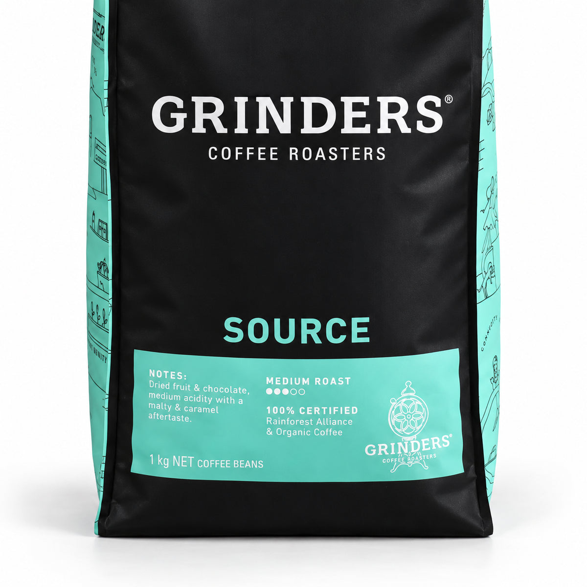 Grinders SOURCE FTO Coffee Beans 1kg, close-up of the label