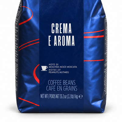 Lavazza Blue Crema e Aroma Coffee Beans 1kg, close-up of the label