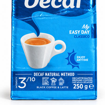 Lavazza Caffe Decaffeinato ground coffee 250g, close-up of the label