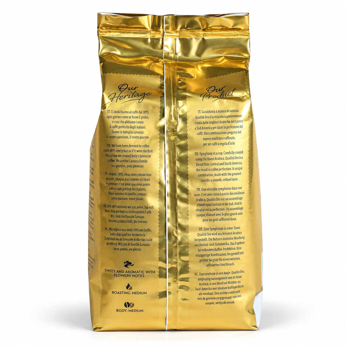Lavazza Qualita Oro Coffee Beans 1kg, back of the pack