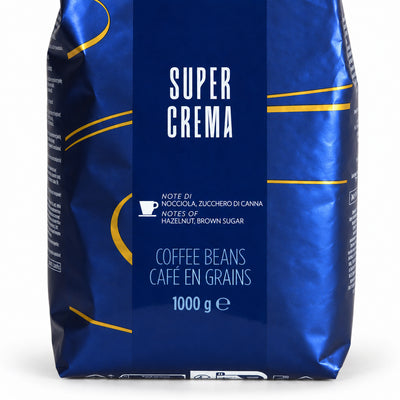 Lavazza Super Crema coffee beans 1kg, close-up of the label