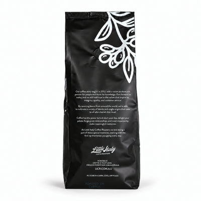 Little Italy Ora Espresso Coffee Beans 1kg, back of the pack
