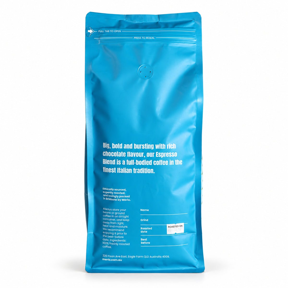 Merlo Coffee Espresso Blend Coffee Beans 1kg, back of the pack