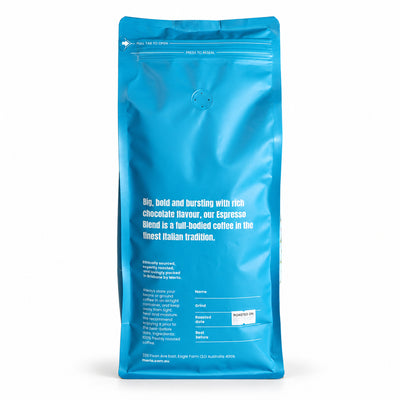 Merlo Coffee Espresso Blend Coffee Beans 1kg, back of the pack