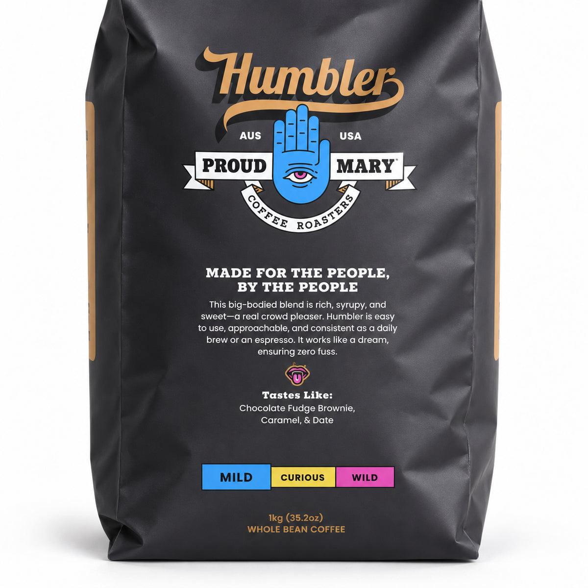 Proud Mary Humbler Blend Coffee Beans 1kg, close-up of the label
