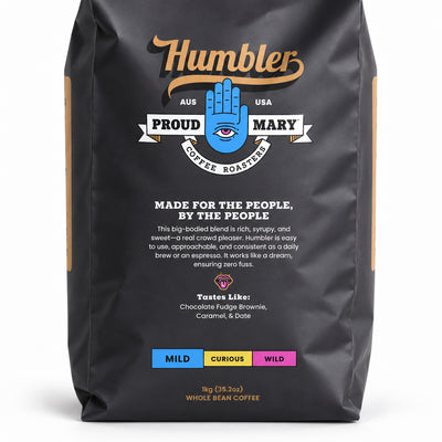 Proud Mary Humbler Blend Coffee Beans 1kg, close-up of the label