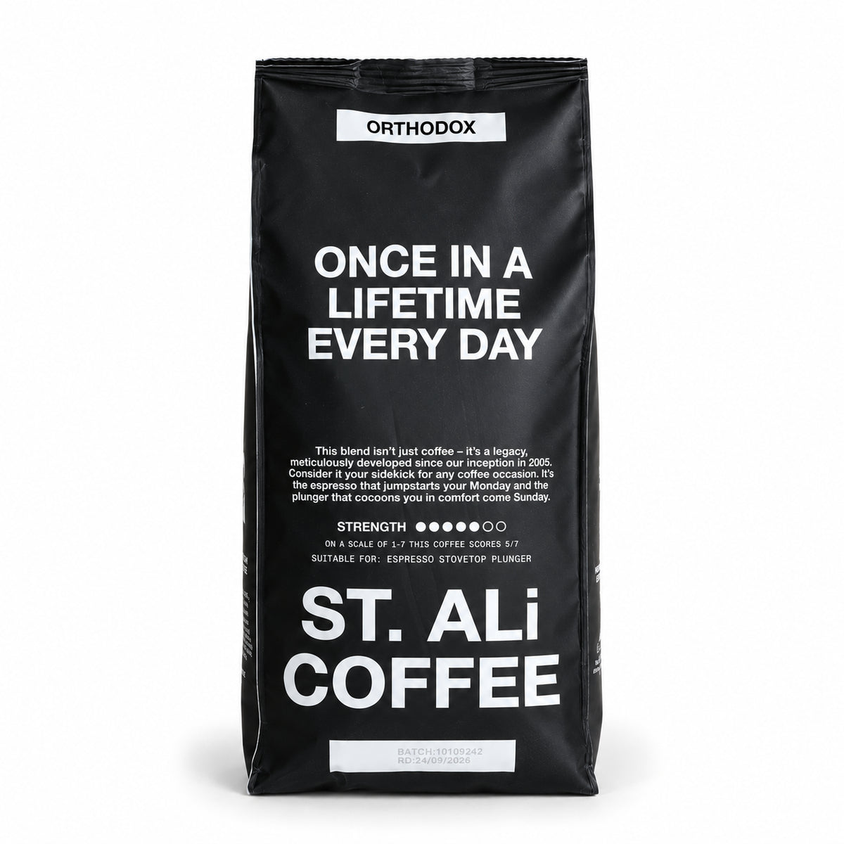 ST. ALi Orthodox Espresso Blend Coffee Beans 1kg, back of the pack