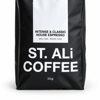 ST. ALi Orthodox Espresso Blend Coffee Beans 1kg, close-up of the label