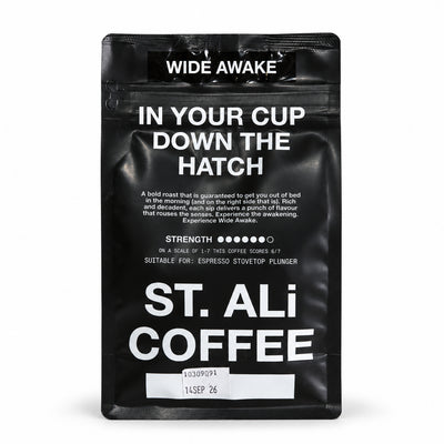 ST. ALi Wide Awake Espresso Blend Coffee Beans 225 gram, back of the pack