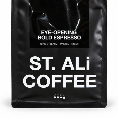 ST. ALi Wide Awake Espresso Blend Coffee Beans 225 gram, close-up of the label