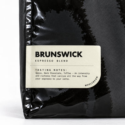 Toby's Estate Brunswick coffee beans 1kg, close-up of the label