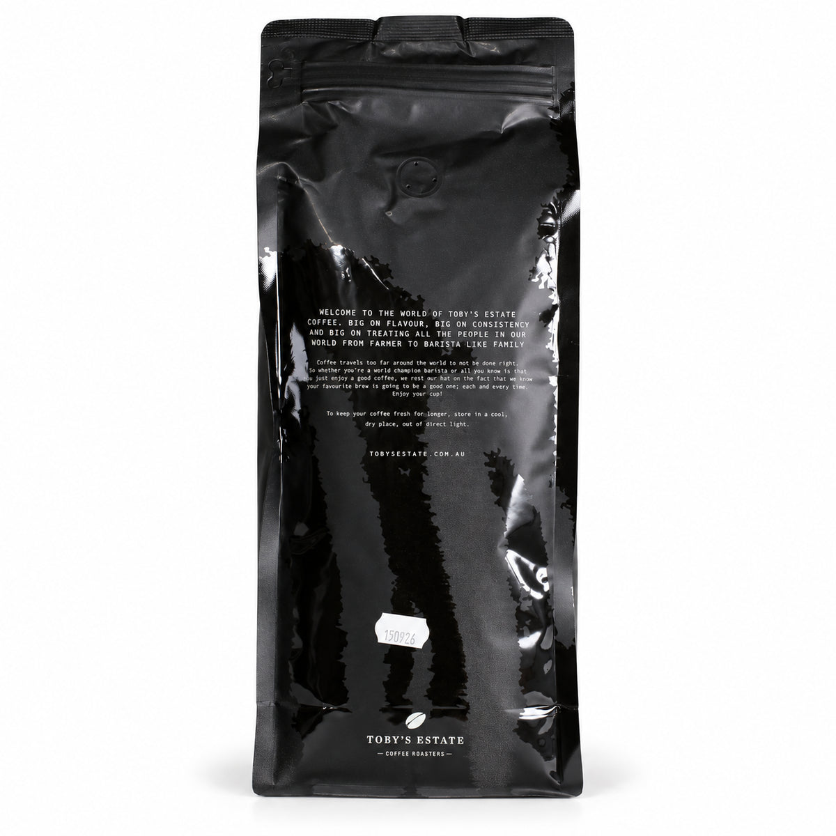 Toby's Estate Organic coffee beans 1kg, back of the pack