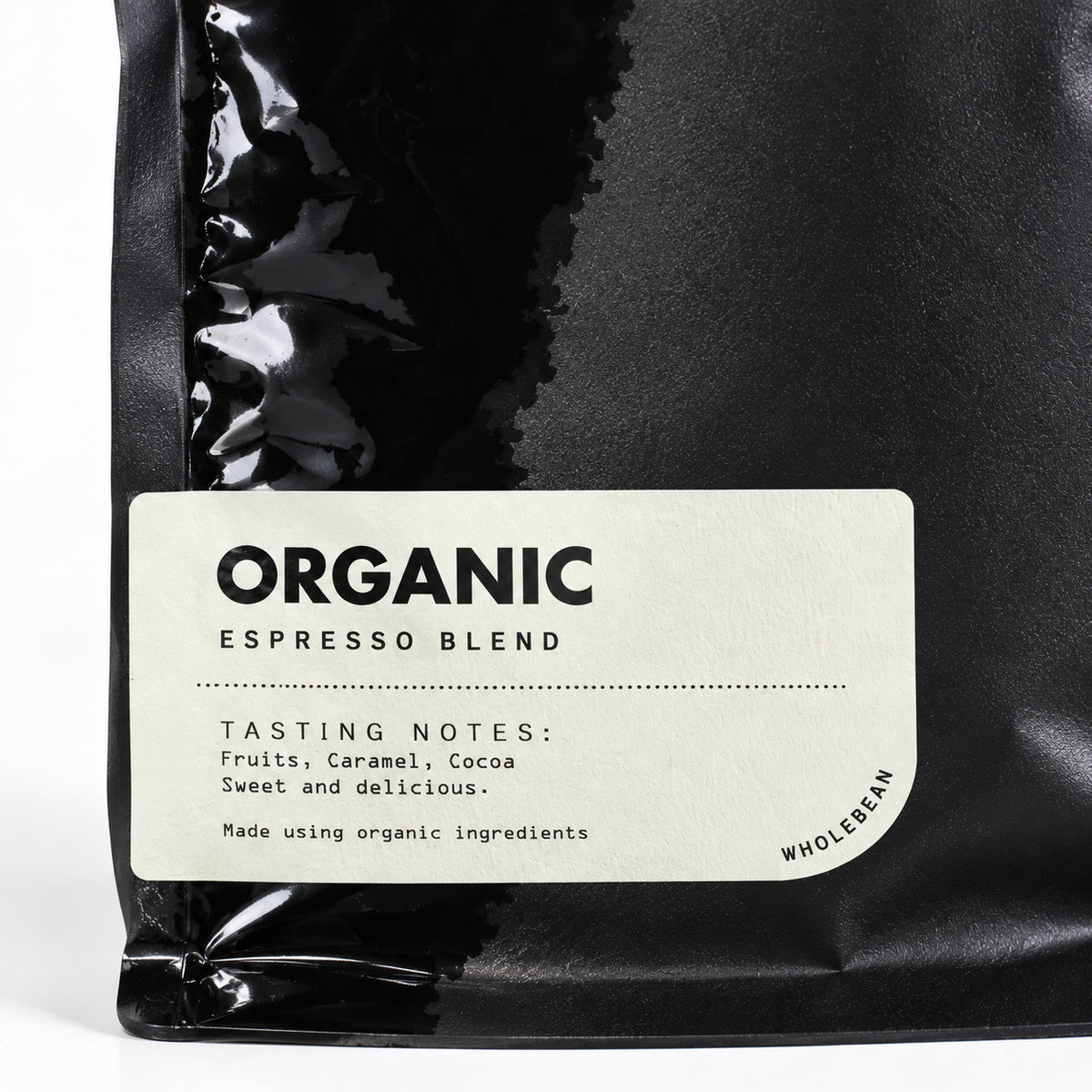 Toby's Estate Organic coffee beans 1kg, close-up of the label
