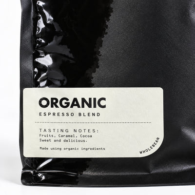 Toby's Estate Organic coffee beans 1kg, close-up of the label