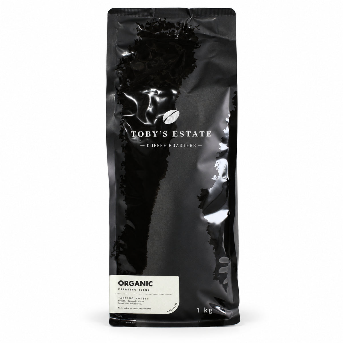Toby's Estate Organic coffee beans 1kg, front of the pack