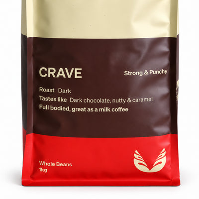 Veneziano Crave Blend Coffee Beans 1kg, close-up of the label