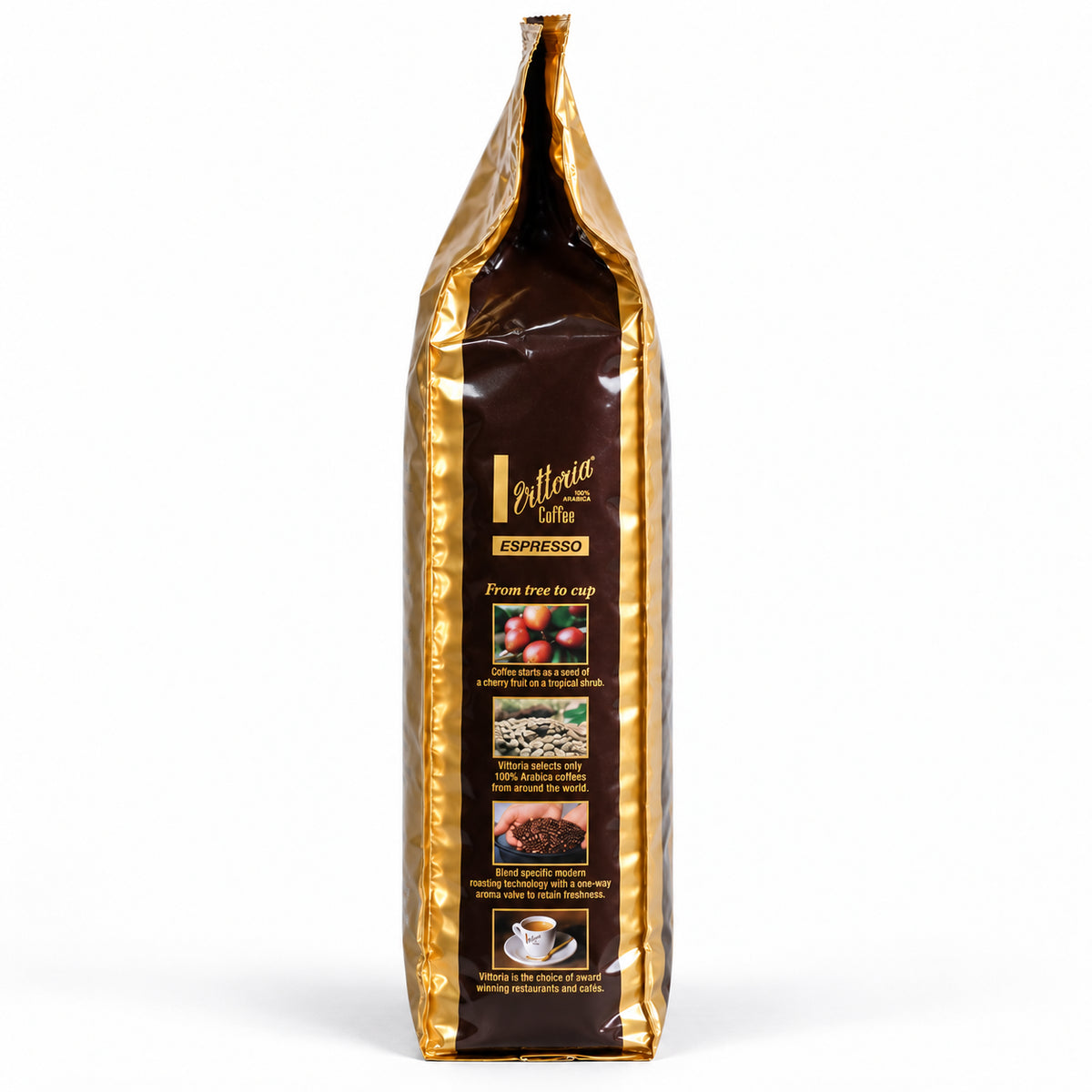 Vittoria Espresso Bar coffee beans 1kg, side of the pack
